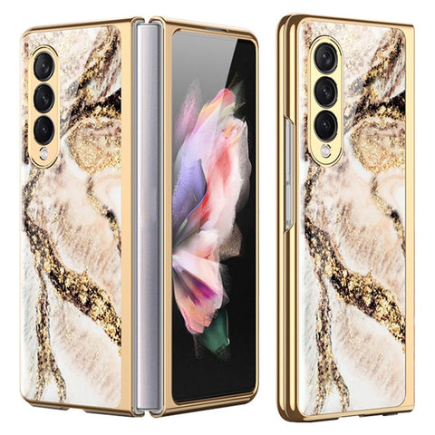 GKK Anti-Scratch IMD Graceful Marble Pattern Tempered Glass Back + Hard PC Shockproof Electroplating Cover for Samsung Galaxy Z Fold3 5G