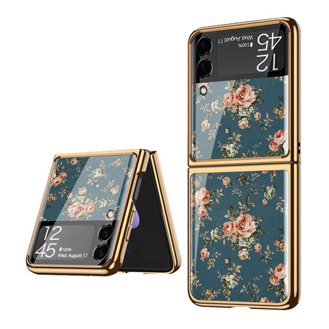 GKK Flower Pattern Printing Electroplating Anti-Drop Tempered Glass + PC Hybrid Phone Case Shell for Samsung Galaxy Z Flip3 5G