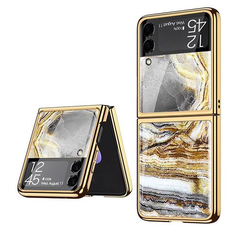 GKK Marble Pattern Printing Design Electroplating Frame Hard PC Tempered Glass Back Cover for Samsung Galaxy Z Flip3 5G