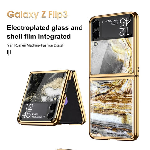 GKK Marble Pattern Printing Design Electroplating Frame Hard PC Tempered Glass Back Cover for Samsung Galaxy Z Flip3 5G