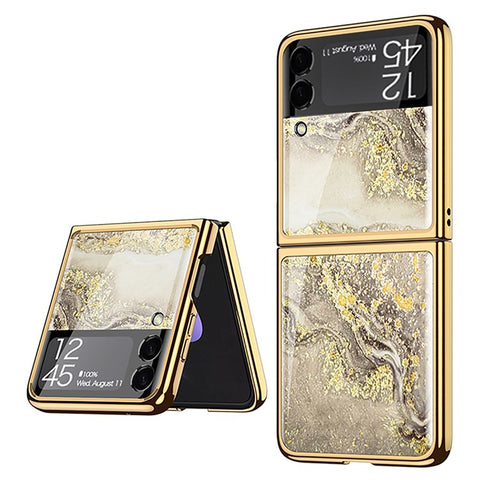 GKK Marble Pattern Printing Design Electroplating Frame Hard PC Tempered Glass Back Cover for Samsung Galaxy Z Flip3 5G