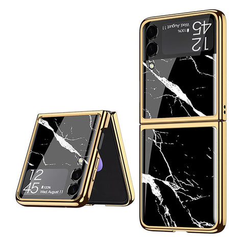 GKK Marble Pattern Printing Design Electroplating Frame Hard PC Tempered Glass Back Cover for Samsung Galaxy Z Flip3 5G