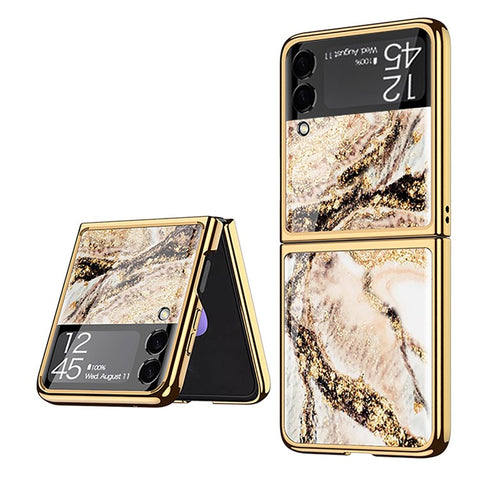 GKK Marble Pattern Printing Design Electroplating Frame Hard PC Tempered Glass Back Cover for Samsung Galaxy Z Flip3 5G