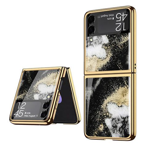 GKK Marble Pattern Printing Design Electroplating Frame Hard PC Tempered Glass Back Cover for Samsung Galaxy Z Flip3 5G