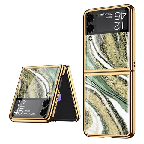 GKK Marble Pattern Printing Design Electroplating Frame Hard PC Tempered Glass Back Cover for Samsung Galaxy Z Flip3 5G