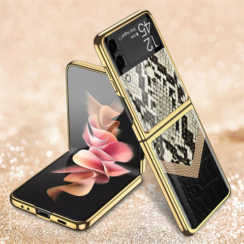 GKK Texture Color Splicing Pattern Printing PC + Tempered Glass Rear Screen Protector Phone Case Cover for Samsung Galaxy Z Flip3 5G