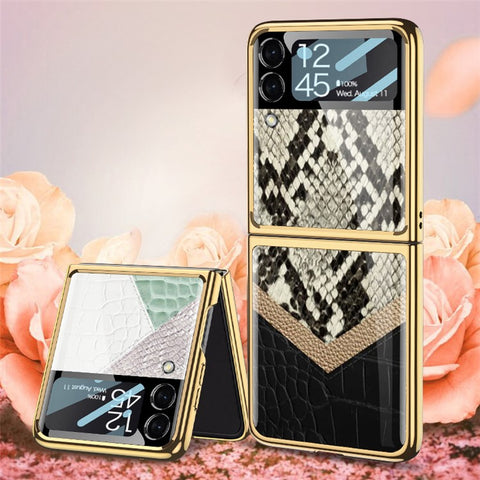 GKK Texture Color Splicing Pattern Printing PC + Tempered Glass Rear Screen Protector Phone Case Cover for Samsung Galaxy Z Flip3 5G