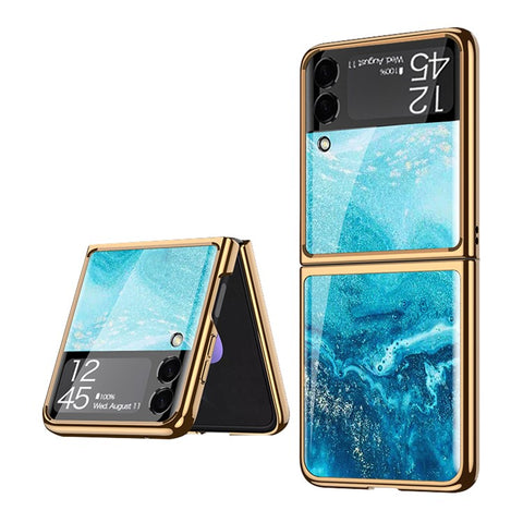 GKK Pattern Printing Tempered Glass Back Hard PC Electroplating Frame Protective Phone Case for Samsung Galaxy Z Flip3 5G