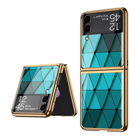 GKK Pattern Printing Tempered Glass Back Hard PC Electroplating Frame Protective Phone Case for Samsung Galaxy Z Flip3 5G