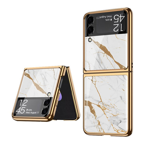 GKK Pattern Printing Tempered Glass Back Hard PC Electroplating Frame Protective Phone Case for Samsung Galaxy Z Flip3 5G
