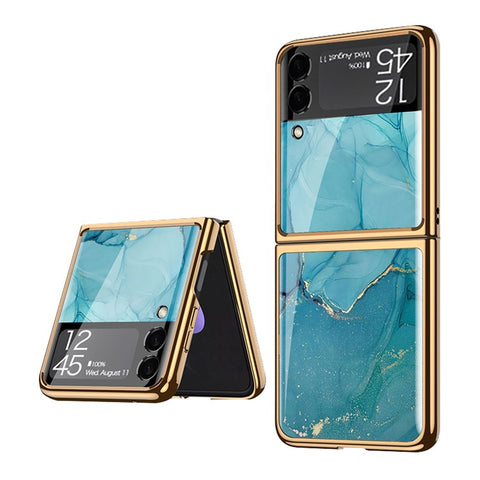 GKK Pattern Printing Tempered Glass Back Hard PC Electroplating Frame Protective Phone Case for Samsung Galaxy Z Flip3 5G