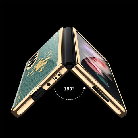 GKK Electroplating Block Series Pattern Printing Tempered Glass Back Hard PC Protective Phone Case for Samsung Galaxy Z Fold3 5G