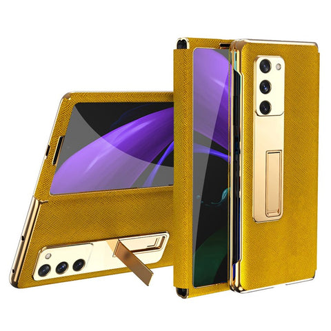 Kickstand Cross Texture Hybrid Hard PC Soft PU Leather Electroplating Phone Case with Tempered Glass Screen Protector for Samsung Galaxy Z Fold2 5G