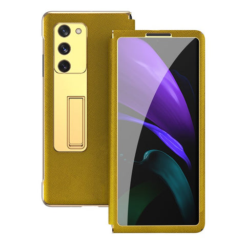 Kickstand Cross Texture Hybrid Hard PC Soft PU Leather Electroplating Phone Case with Tempered Glass Screen Protector for Samsung Galaxy Z Fold2 5G