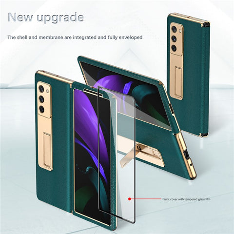 Kickstand Cross Texture Hybrid Hard PC Soft PU Leather Electroplating Phone Case with Tempered Glass Screen Protector for Samsung Galaxy Z Fold2 5G