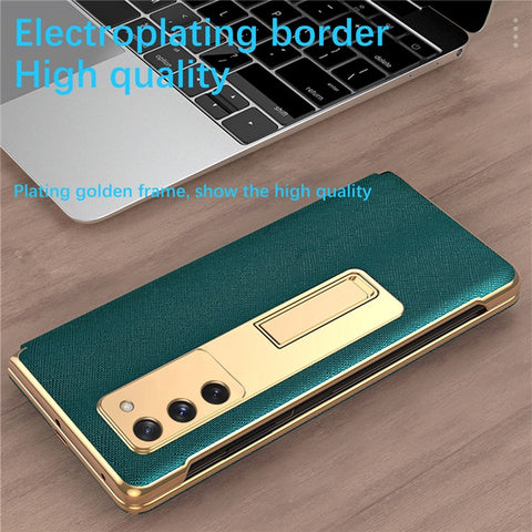 Kickstand Cross Texture Hybrid Hard PC Soft PU Leather Electroplating Phone Case with Tempered Glass Screen Protector for Samsung Galaxy Z Fold2 5G
