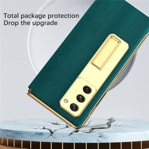 Kickstand Cross Texture Hybrid Hard PC Soft PU Leather Electroplating Phone Case with Tempered Glass Screen Protector for Samsung Galaxy Z Fold2 5G