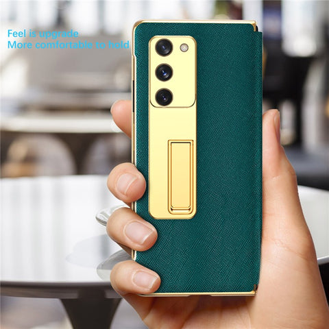 Kickstand Cross Texture Hybrid Hard PC Soft PU Leather Electroplating Phone Case with Tempered Glass Screen Protector for Samsung Galaxy Z Fold2 5G