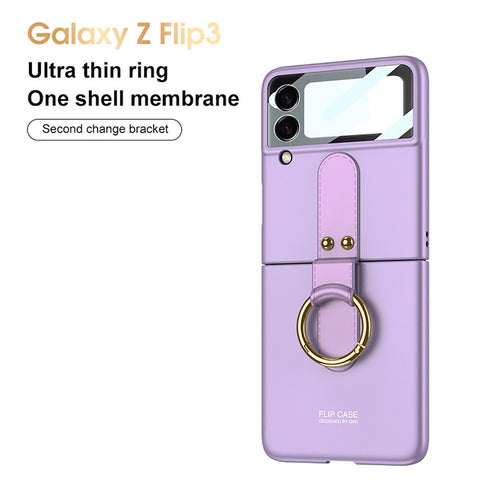 GKK Ring Holder Kickstand Ultra-thin PU Leather Coated PC Phone Flip Case Cover with Tempered Glass Camera Lens Protector Film for Samsung Galaxy Z Flip3 5G