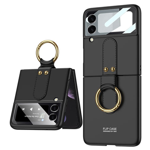 GKK Ring Holder Kickstand Ultra-thin PU Leather Coated PC Phone Flip Case Cover with Tempered Glass Camera Lens Protector Film for Samsung Galaxy Z Flip3 5G