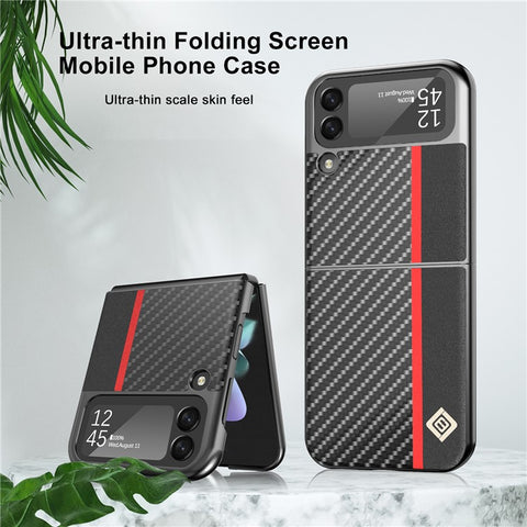 LC.IMEEKE Carbon Fiber Texture PU Leather Coated PC Protective Phone Case Cover for Samsung Galaxy Z Flip3 5G
