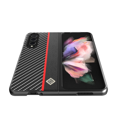 LC.IMEEKE Carbon Fiber Texture Splicing PU Leather Coated Folding Phone Case Shell for Samsung Galaxy Z Fold3 5G