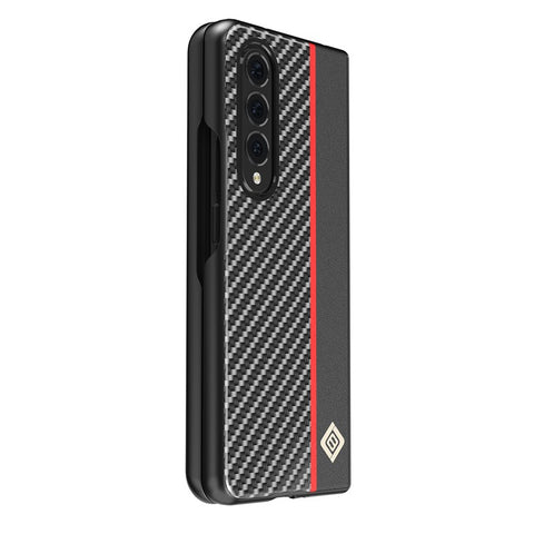 LC.IMEEKE Carbon Fiber Texture Splicing PU Leather Coated Folding Phone Case Shell for Samsung Galaxy Z Fold3 5G