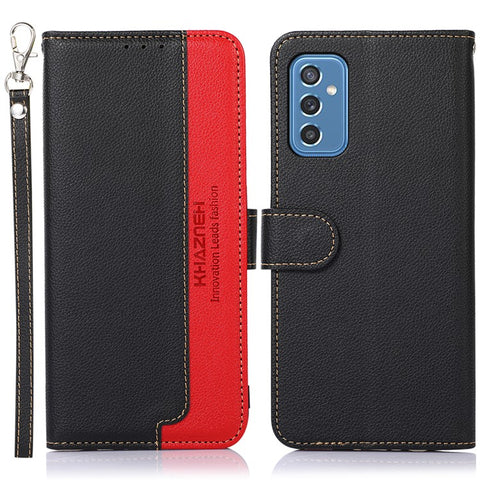 KHAZNEH Litchi Skin PU Leather RFID Blocking Anti-theft Swiping Wallet Stand Protective Phone Case with Strap for Samsung Galaxy M52 5G