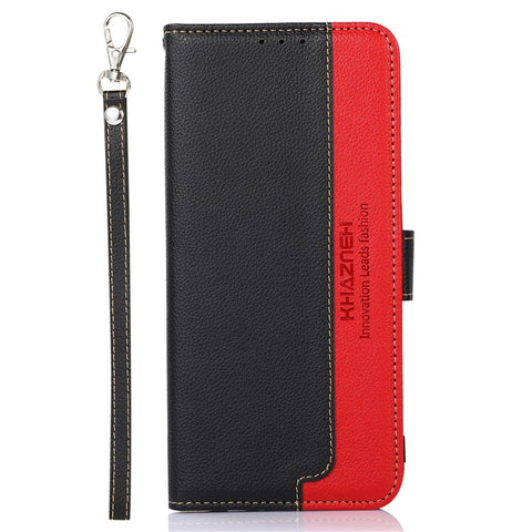 KHAZNEH Litchi Skin PU Leather RFID Blocking Anti-theft Swiping Wallet Stand Protective Phone Case with Strap for Samsung Galaxy M52 5G