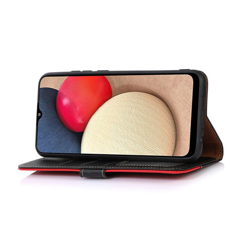 KHAZNEH Litchi Skin PU Leather RFID Blocking Anti-theft Swiping Wallet Stand Protective Phone Case with Strap for Samsung Galaxy M52 5G
