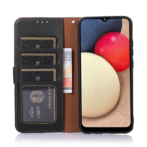 KHAZNEH Litchi Skin PU Leather RFID Blocking Anti-theft Swiping Wallet Stand Protective Phone Case with Strap for Samsung Galaxy M52 5G