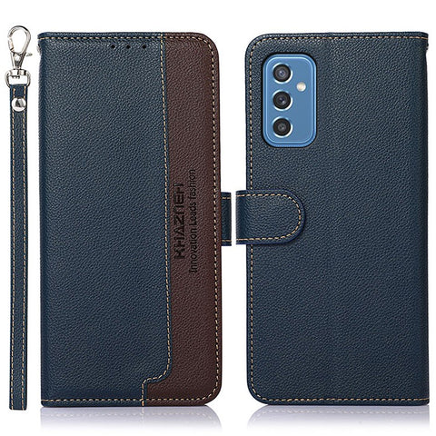 KHAZNEH Litchi Skin PU Leather RFID Blocking Anti-theft Swiping Wallet Stand Protective Phone Case with Strap for Samsung Galaxy M52 5G