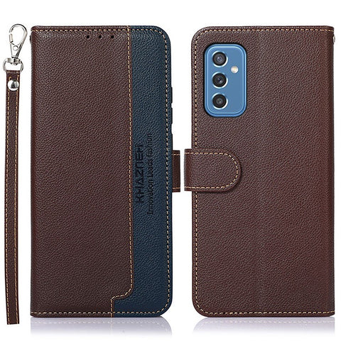 KHAZNEH Litchi Skin PU Leather RFID Blocking Anti-theft Swiping Wallet Stand Protective Phone Case with Strap for Samsung Galaxy M52 5G