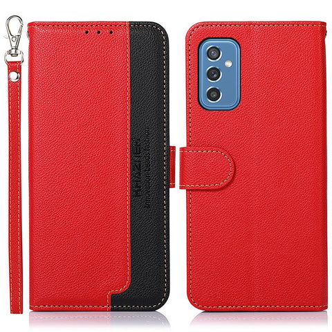 KHAZNEH Litchi Skin PU Leather RFID Blocking Anti-theft Swiping Wallet Stand Protective Phone Case with Strap for Samsung Galaxy M52 5G