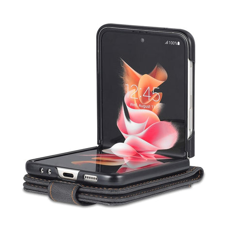 AZNS PU Leather Card Slots Magnetic Clasp Anti-Fall Phone Cover with Stand for Samsung Galaxy Z Flip3 5G