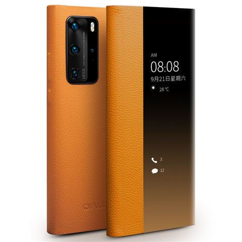 QIALINO Auto Wake / Sleep Function Genuine Leather Ultra-Thin Phone Case Cover with View Window for Huawei P40