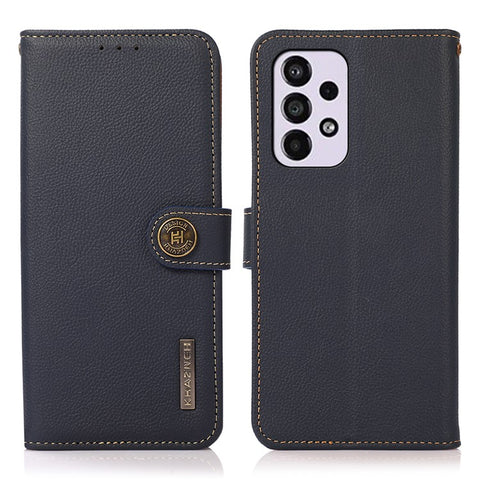 KHAZNEH Shockproof Textured Cover Genuine Leather+TPU Wallet Stand Phone Case with Anti-theft Swiping Design for Samsung Galaxy A33 5G