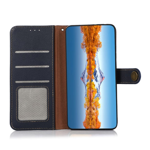 KHAZNEH Shockproof Textured Cover Genuine Leather+TPU Wallet Stand Phone Case with Anti-theft Swiping Design for Samsung Galaxy A33 5G