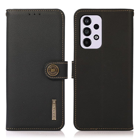 KHAZNEH Shockproof Textured Cover Genuine Leather+TPU Wallet Stand Phone Case with Anti-theft Swiping Design for Samsung Galaxy A33 5G