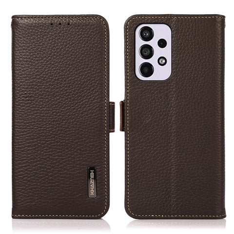 KHAZNEH All-round Protection RFID Blocking Design Litchi Texture Genuine Leather Flip Phone Case with Wallet Stand for Samsung Galaxy A33 5G