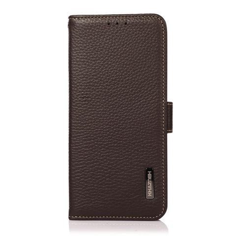 KHAZNEH All-round Protection RFID Blocking Design Litchi Texture Genuine Leather Flip Phone Case with Wallet Stand for Samsung Galaxy A33 5G
