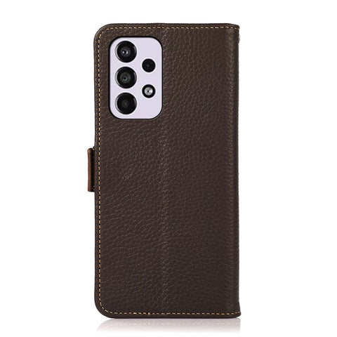 KHAZNEH All-round Protection RFID Blocking Design Litchi Texture Genuine Leather Flip Phone Case with Wallet Stand for Samsung Galaxy A33 5G