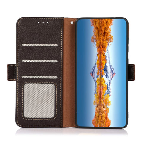 KHAZNEH All-round Protection RFID Blocking Design Litchi Texture Genuine Leather Flip Phone Case with Wallet Stand for Samsung Galaxy A33 5G