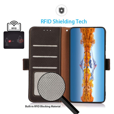 KHAZNEH All-round Protection RFID Blocking Design Litchi Texture Genuine Leather Flip Phone Case with Wallet Stand for Samsung Galaxy A33 5G