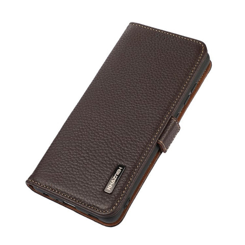 KHAZNEH All-round Protection RFID Blocking Design Litchi Texture Genuine Leather Flip Phone Case with Wallet Stand for Samsung Galaxy A33 5G
