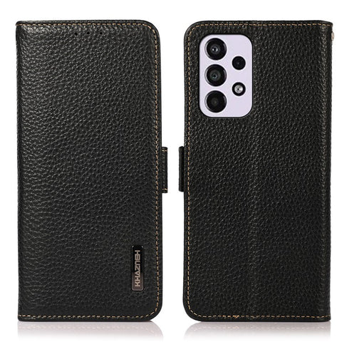 KHAZNEH All-round Protection RFID Blocking Design Litchi Texture Genuine Leather Flip Phone Case with Wallet Stand for Samsung Galaxy A33 5G