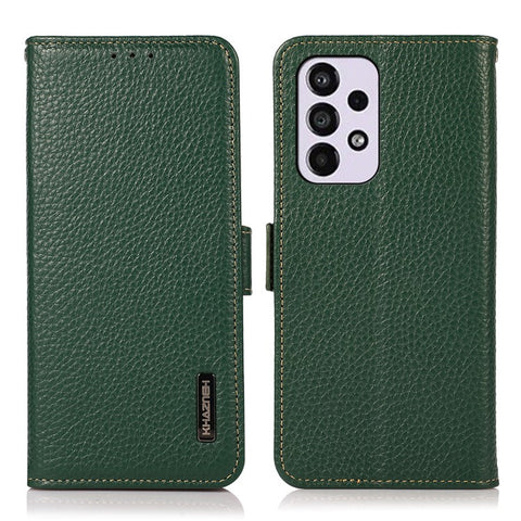KHAZNEH All-round Protection RFID Blocking Design Litchi Texture Genuine Leather Flip Phone Case with Wallet Stand for Samsung Galaxy A33 5G