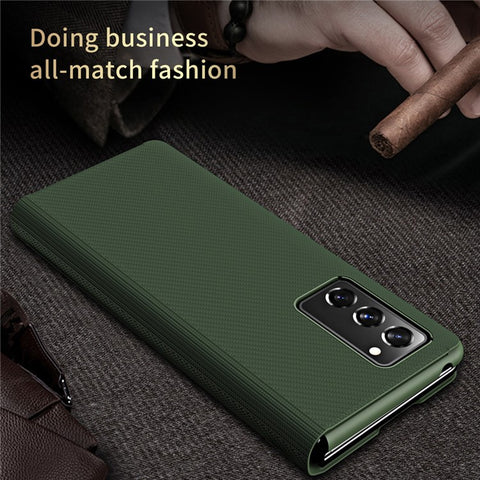 PU Leather Coated PC Case with Aramid Fiber Carbon Fiber Texture for Samsung Galaxy Z Fold2 5G