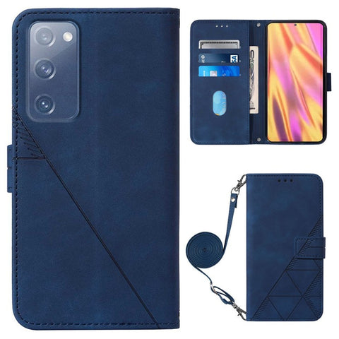PB2-1 Series Stylish Lines Imprinting Magnetic Clasp Shock-absorption PU Leather + TPU Stand Wallet Phone Cover Case with Shoulder Strap for Samsung Galaxy S20 FE 2022/S20 FE/S20 FE 5G/S20 Lite