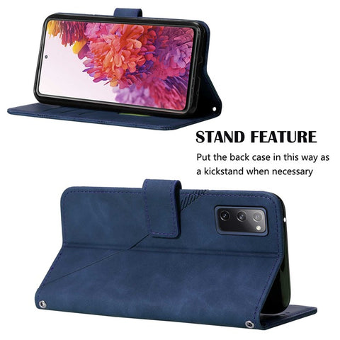 PB2-1 Series Stylish Lines Imprinting Magnetic Clasp Shock-absorption PU Leather + TPU Stand Wallet Phone Cover Case with Shoulder Strap for Samsung Galaxy S20 FE 2022/S20 FE/S20 FE 5G/S20 Lite